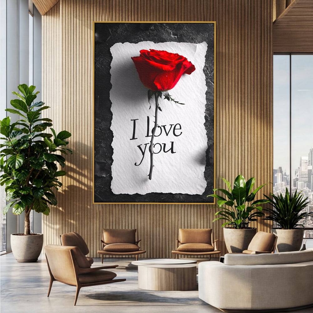 Tablou canvas cu tablou vertical cu trandafir rosu si mesaj, in rama de aluminiu auriu, pe perete intr-un birou